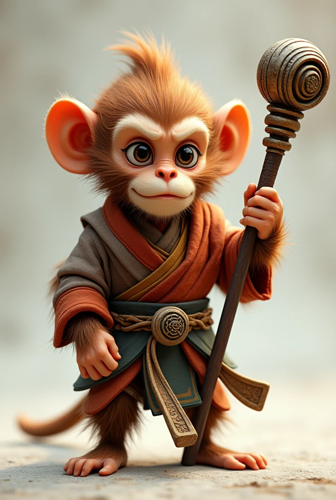 Small version of sun wukong the monkey, that’s very serious and is holding his legendary blow staff
