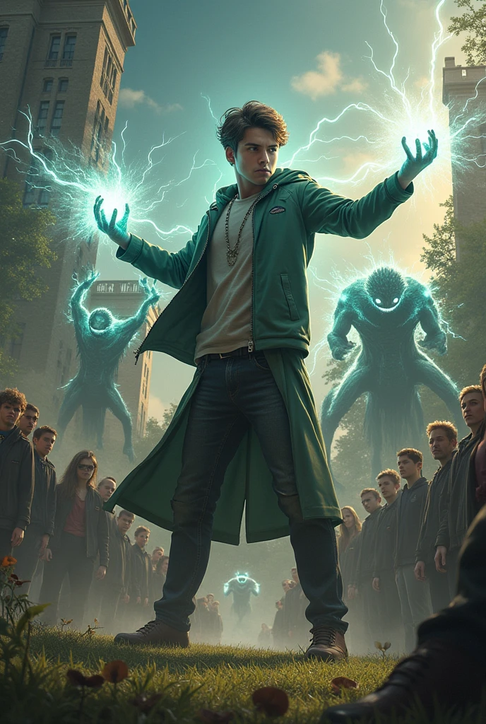 A college boy infront of his colleagues and teachers fighting with creatures to protect their college and peoples with magical pwers in his body
