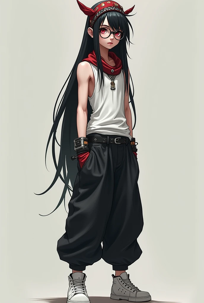 A 2 white boy, long black hair down to her shoulders, eyes red as blood, Eyeglasses, an aesthetic body and an aesthetic face too, He wears an accessory on his head like a scarf and wears a white tank top with accessories and black baggy pants with white sneakers., a larger body that has 1,90 tall