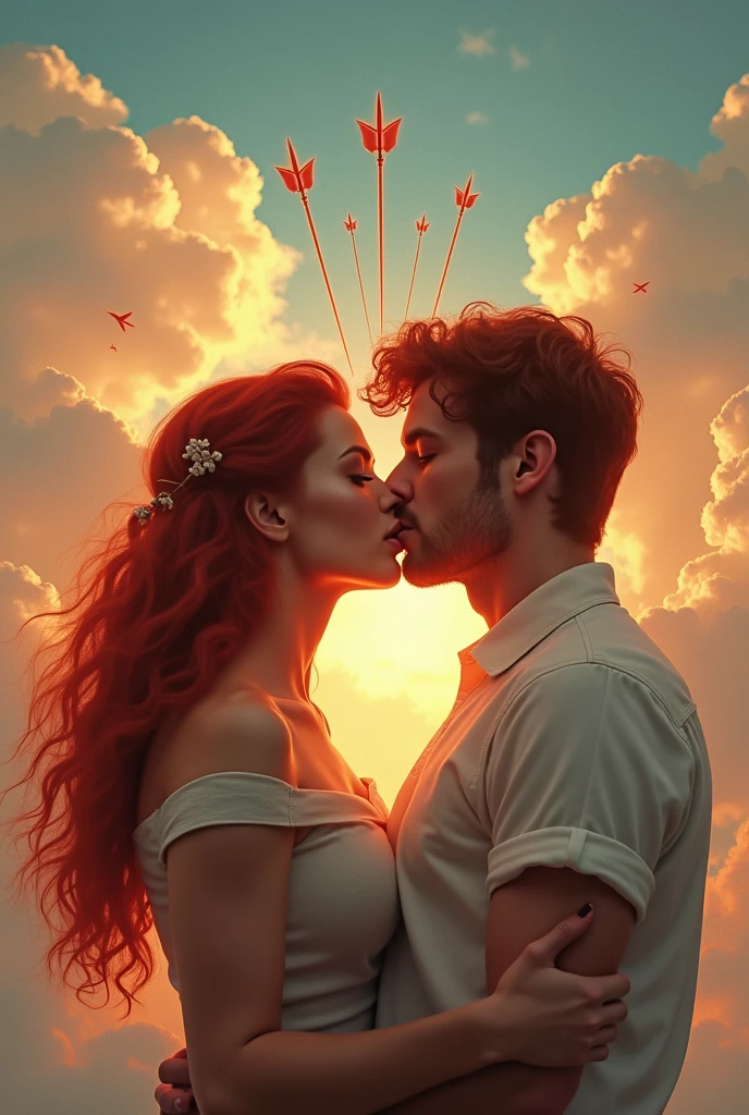 Redhead woman with a redhead man kissing,background of a sky with cupid&#39;s arrows 
