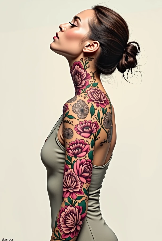 Create a tattoo design on a woman's entire left arm, being a large peony climbing the neck and never, mandalas and florals in all the rest