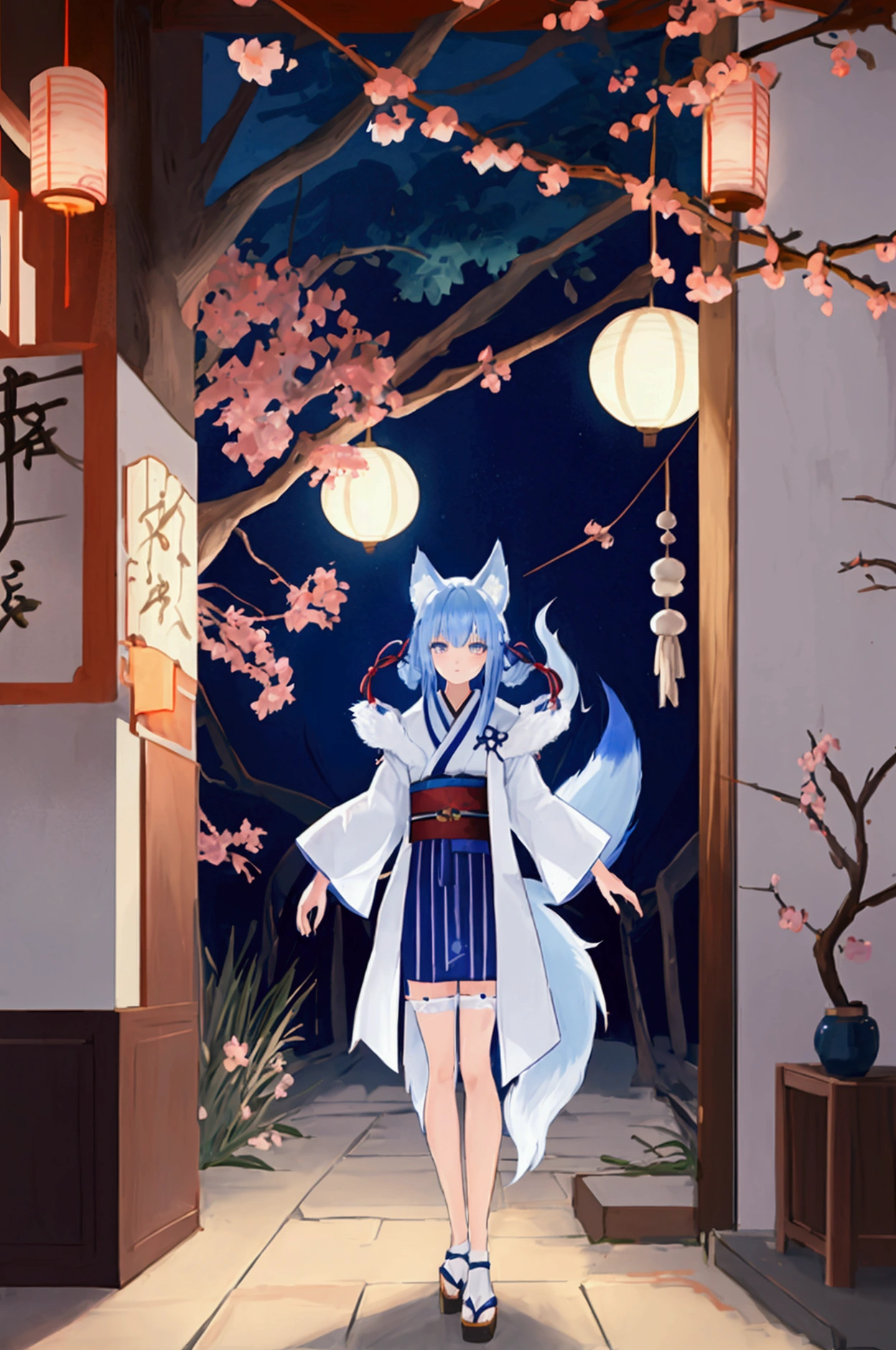 fox Light blue hair beast girl indigo fur fox beast girl fox Light blue hair beast girl indigo fur fox beast girl Wallpaper 4k,8k,highly detailled,,vivid colors,detailed kitsune with 9 tails,traditional Japanese artwork,tatami floor,beautiful cherry blossoms,floating lanterns,dark silhouette of a pagoda,subtle moonlight,dense forest,ethereal atmosphere,dappled sunlight,whimsical spirit,serene expression,elaborate kimono and obi,delicate hand-painted details,luminous eyes Anime Style fox blue White-faced golden-haired nine-tailed fox Coat blue mysterious background Blue Flame girl have a ball of light Anime Style fox blue White-faced golden-haired nine-tailed fox Coat blue mysterious background Blue Flame girl have a ball of light