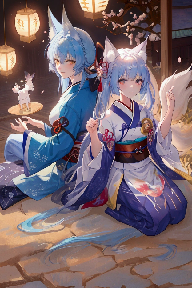 fox Light blue hair beast girl indigo fur fox beast girl fox Light blue hair beast girl indigo fur fox beast girl Wallpaper 4k,8k,highly detailled,,vivid colors,detailed kitsune with 9 tails,traditional Japanese artwork,tatami floor,beautiful cherry blossoms,floating lanterns,dark silhouette of a pagoda,subtle moonlight,dense forest,ethereal atmosphere,dappled sunlight,whimsical spirit,serene expression,elaborate kimono and obi,delicate hand-painted details,luminous eyes Anime Style fox blue White-faced golden-haired nine-tailed fox Coat blue mysterious background Blue Flame girl have a ball of light Anime Style fox blue White-faced golden-haired nine-tailed fox Coat blue mysterious background Blue Flame girl have a ball of light