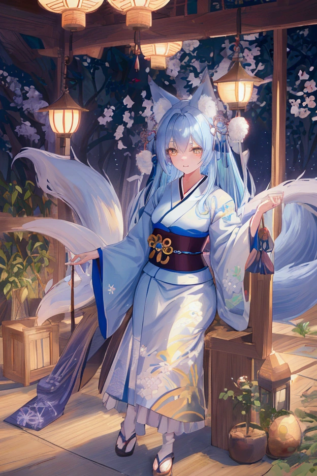 fox Light blue hair 　beast girl　indigo fur　fox beast girl　fox Light blue hair 　beast girl　indigo fur　fox beast girl　Wallpaper 4k,8k,highly detailled,,vivid colors,detailed kitsune with 9 tails,traditional Japanese artwork,tatami floor,beautiful cherry blossoms,floating lanterns,dark silhouette of a pagoda,subtle moonlight,dense forest,ethereal atmosphere,dappled sunlight,whimsical spirit,serene expression,elaborate kimono and obi,delicate hand-painted details,luminous eyes　Anime Style　fox　blue　White-faced golden-haired nine-tailed fox　Coat blue　　　mysterious background　Blue Flame　girl　have a ball of light Anime Style　fox　blue　White-faced golden-haired nine-tailed fox　Coat blue　　　mysterious background　Blue Flame　girl　have a ball of light