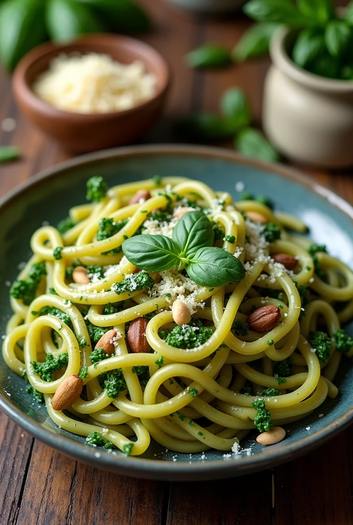 Create an image of this recipe: Whole Wheat Pasta with Spinach Pesto Ingredients:

- Pasta integral: 100 g - Fresh spinach: 100 g - Fresh basil: 20 g - Pine nuts: 20 g - Grated Parmesan cheese: 30 g - Garlic: 10 g - Olive oil: 30 ml
- Sal: 5 g - Pepper: 2 g Preparation:

1. Cook whole wheat pasta in salted water according to package directions. Drain and set aside.

2. In a food processor, mix the spinach, basil, pinions, SHE, Parmesan cheese, salt and pepper.

3. While processing, Add the olive oil in a constant stream until you obtain a smooth and homogeneous sauce..

4. Mix the cooked pasta with the spinach pesto.

5. Serve the pasta hot, espolvoreada con un poco más de Parmesan cheese si lo deseas.


