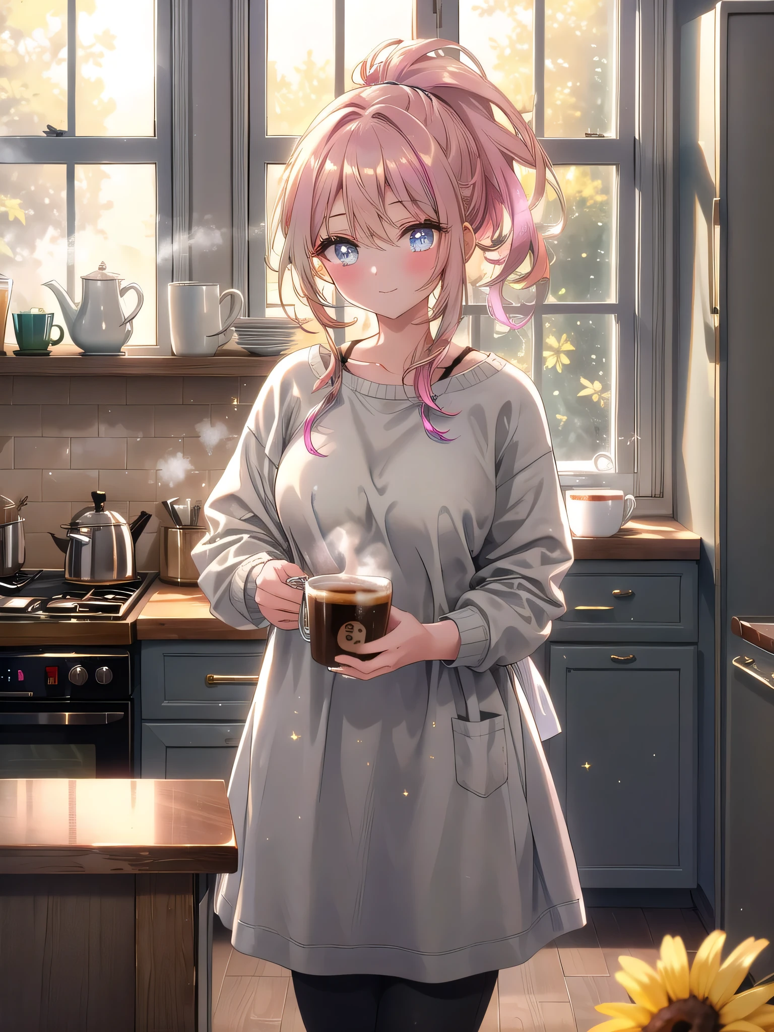 ((8k, Highest quality, masterpiece: 1.3)),Ultra-high resolution,(1 girl, alone), (Color changing eyes, Ultra-detailed, Expressive brilliance, Glitter, Glowing Eyes), Highly detailed eyes, Highly detailed face, Random Hair, ((pastel colour))Morning Coffee in the Kitchen
The woman is standing in a modern kitchen, leaning casually against the counter as she sips from a steaming cup of coffee. She’s wearing a light grey oversized sweatshirt and comfortable black leggings, with her hair loosely tied in a messy ponytail. The morning sunlight streams through the large window, casting a warm, golden glow across the room. She looks at the camera with a soft, sleepy smile, her eyes still slightly drowsy but filled with warmth and affection. The kitchen is sleek and minimalistic, with a few personal touches like a vase of fresh flowers and a bowl of fruit on the counter. The smell of freshly brewed coffee fills the air as she enjoys the quiet start to her day.
