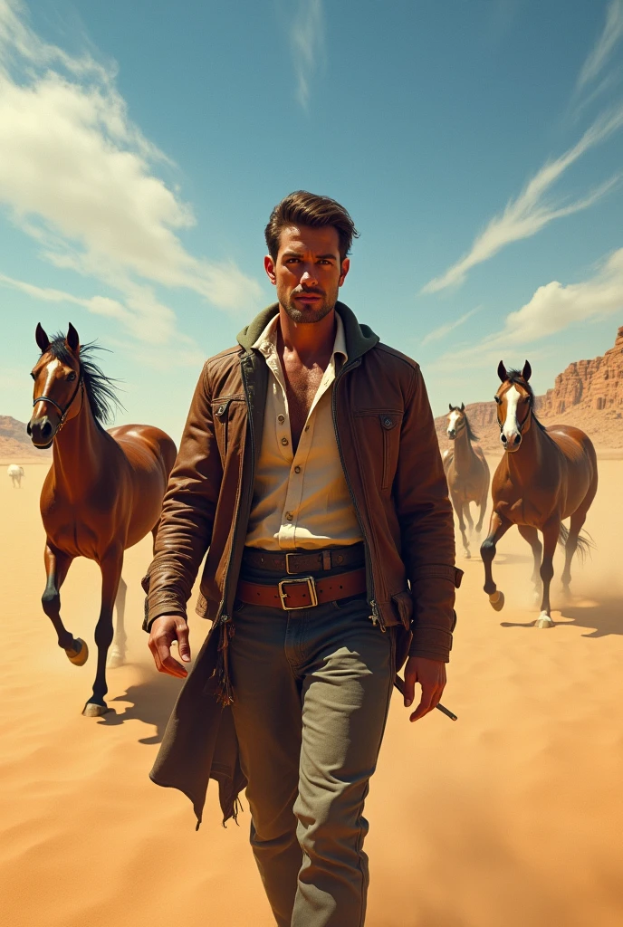 A young handsome man standing in the desert with many horses running behind him