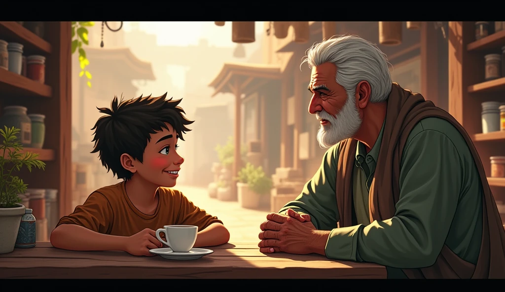 Chapter 1: Misteri di Desa

Character: Ali Action:
- Before Talking to Grandpa: Ali is sitting relaxing in the village shop, enjoy a cup of warm tea. Her face looks cheerful, full of curiosity. The movement is calm, with a gaze that occasionally sweeps towards the quiet village streets.
- When Talking to Grandpa: Ali leaned forward slightly., looking at the old grandfather with sparkling eyes, show interest in the story that will be told. His expression turned serious as grandpa started talking about *Silent Tomb*, but there was still a small smile that showed his disbelief. When grandpa reminds about the danger, Ali showed a confident smile, even a little challenging.

Character: Action Grandpa:
- Before Talking to Ali: Grandpa sits on a worn wooden bench, with the body slightly bent. Her wrinkled hands held the teacup carefully., showing his advanced age. Her face is full of wrinkles, but his eyes are sharp, pay attention to the movements of people around him.
- When Talking to Ali: Grandpa looked at Ali seriously., his eyes imply experience and wisdom. As he started talking about *Silent Tomb*, his voice became deeper and slower, adds a frightening effect to the story he tells. His hands occasionally moved to emphasize the words., especially when he warned Ali. His expression didn&#39;t change., remain serious and full of warnings.