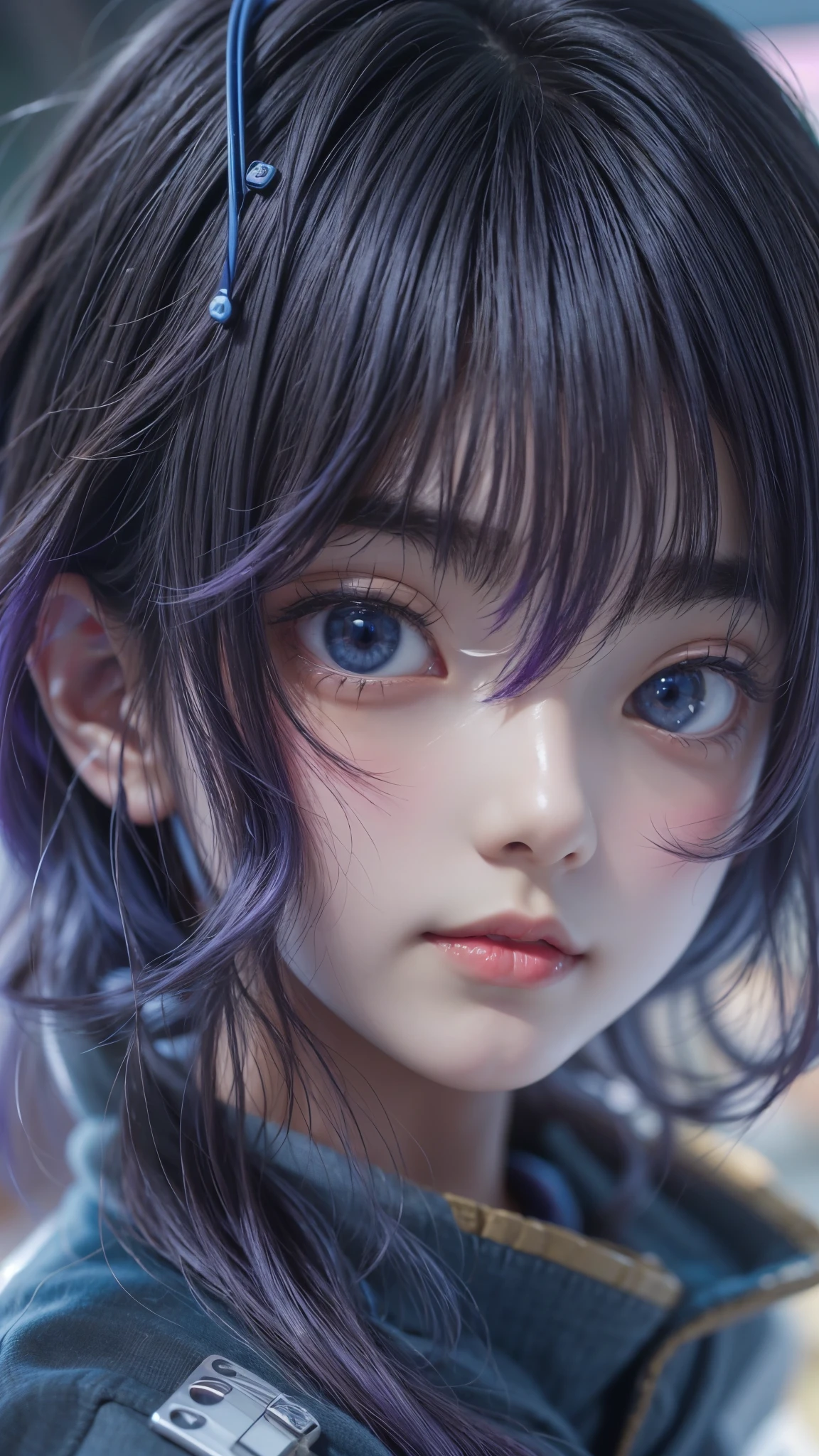 Close-up of a person with purple hair and a purple tie, Stylized anime, Anime Moe Art Style, Katana Zero video game character, anime girl of the future, Portrait of an astronaut, Portrait of a girl in the Knights of the Zodiac, Close up of a young anime, Anime Style, With glowing purple eyes, Anime Styleに, Anime Style3D