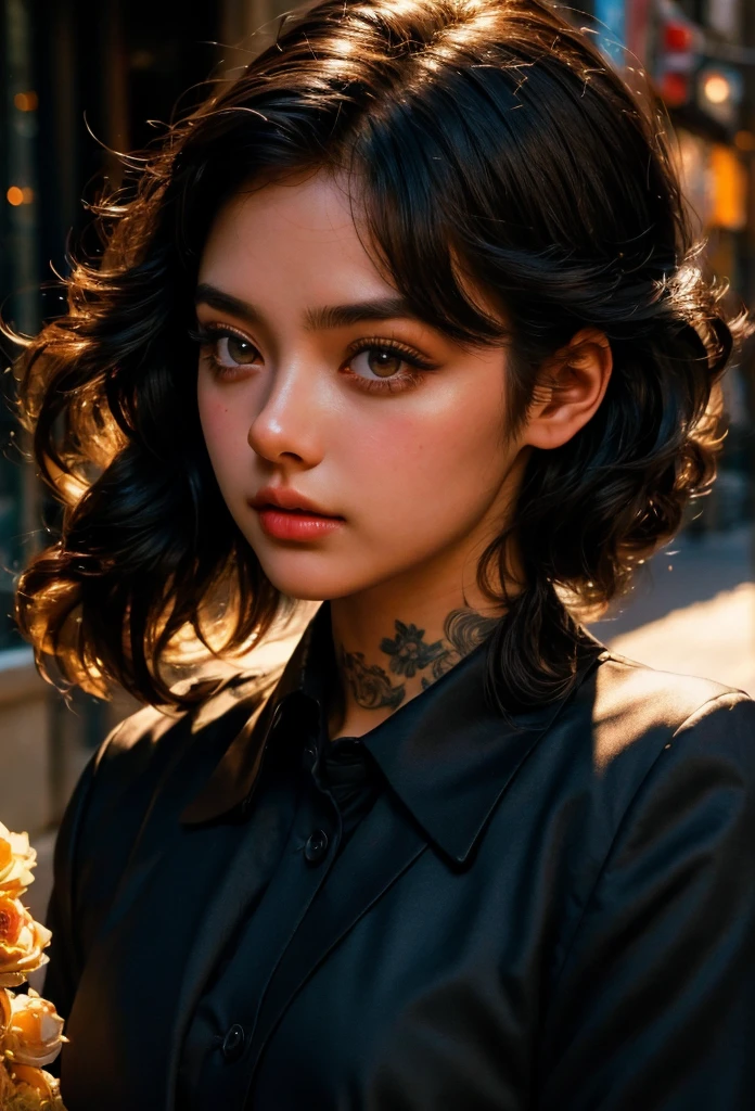 Realistic photo, healthy young woman of 20 years old, big eyes, short black hair in focus, muscles in focus, tattoo on neck, fashion_wearing black suit and shirt, wealthy businessman, round face, full body close up from bottom up, (best quality, 4k, 8k, high resolution, masterpiece: 1.2), highly detailed, (realistic: 1.37), portrait, high contrast, dramatic lighting, cinematic.