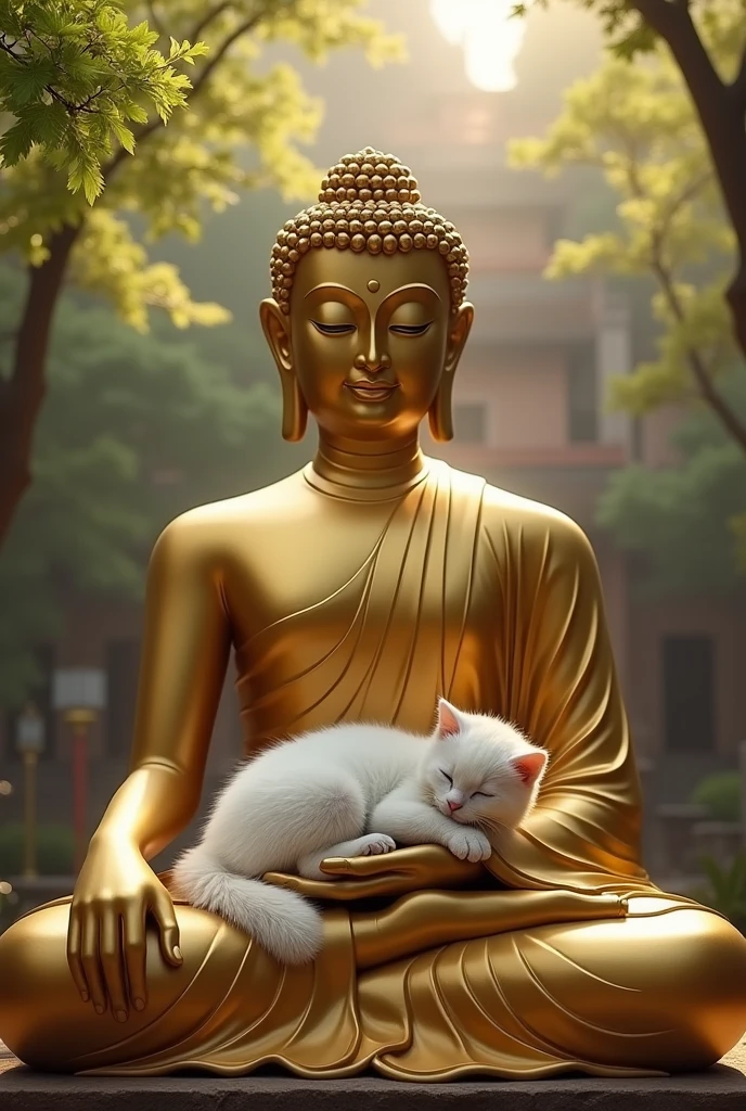In the serene courtyard of an ancient temple, a small white cat rests peacefully in the lap of a towering golden Buddha statue. The Buddha's gentle, smiling face gazes down at the tiny creature, whose soft fur contrasts against the gleaming gold. Sunlight filters through the surrounding trees, casting a warm glow over the scene. The tranquil atmosphere exudes a sense of calm, as the sacred statue cradles the sleeping cat, symbolizing a moment of perfect peace and harmony.