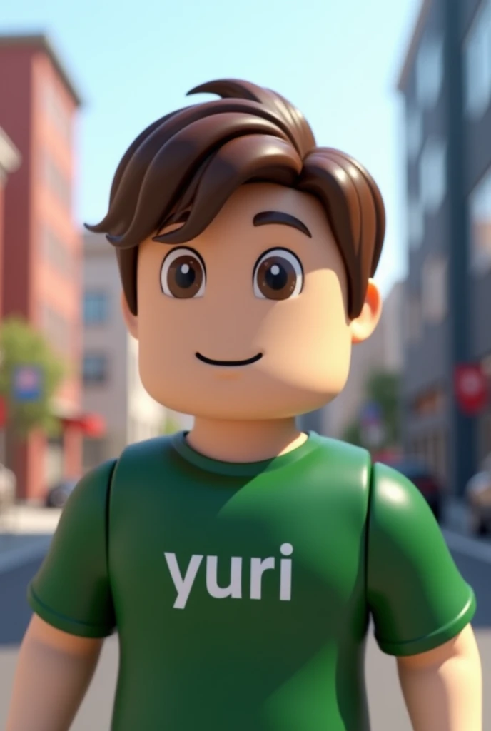 Male roblox example doll,offwhite, clear eyes, Straight brown hair ,green shirt with name yuri printed on it with city background