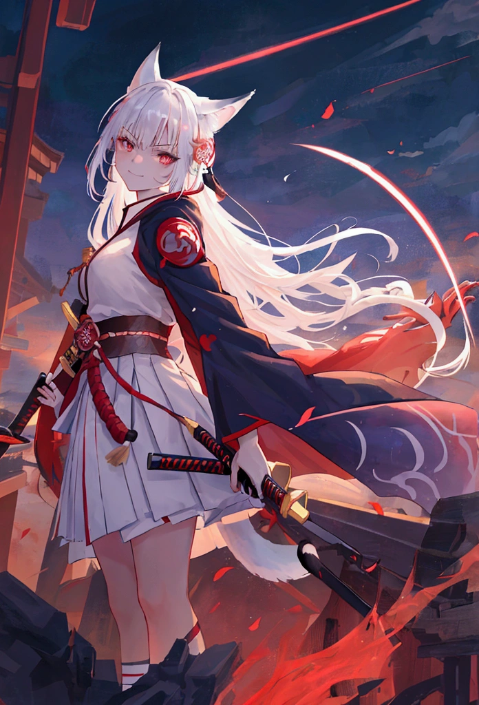 fox Light blue hair 　beast girl　indigo fur　fox beast girl　Sesshomaru, Yellow eyes, Anime, Perfect face, Perfect Lighting, Outdoors, Warm colors, Dark purple sky, Autumn sunset,  \(inuyasha\), Bearing Claw, Ready to fight　wave, koi fish, anime artstyle, wide view, fluffy. yellow  fox, marking under the eyes, crystal antler ,violet eyes, wearing bandanna, flower petals, Ambient light，Ultra-fine fur，volumettic light，natural  lightting，fox tail，nevando，35mm。High quality, high detal, Best quality, hyper HD，individual，Single(Cat's ears:1.3),(Sky Eyes 1.3),(Face Focus:1.3), (angry, Smile:1.3),(Gentle face:1.3),(long white hair:1.3), hair messy, Red Eyes,red eyes,Red Eyes(Eyes are red:1.3), (perfectly detailed eyes:1.3),Dynamic Angle,Black kimono,Black Hakama,Her skin is white,Red lightning,Red thunder, Swirling rainbows and lights on complex background、It enveloped me like a serpent in an interstellar wind,(Dual-wielding combat pose:1.3),(The red glowing samurai sword:1.3),(A sword shining in red lightning:1.3),She has a samurai sword,dual-wielding,Unleash the Blade of Light,Highest Quality, (Red cloak with war maiden decoration:1.3),Raise the railgun, ((sanpaku))((Proud)), (Blue glowing thunder sword:1.3),(Fiery Red Sword:1.3),Blade of Light,Lens Flare, Big rainbow,The moon shines,Star chips, bloom, ((light glow)), chromatic abberation], Digital Painting, Insane details, Intricate details, Beautifully color graded, Unreal Engine, Cinematic , colour grading, Editorial Photography , Photography, Photo Shot, Canon 5D Camera Photography,Shot on 70mm lens, Depth of subject, ultra sharpness, nffsw, octane, Unreal, Dramatic light, Global Illumination,Motion Picture Film,rainbow,lensflare,(Moonlight Art:1.3:1.3),(Sengoku:1.3),(Agfacolor:1.3),(close portrait:1.3),(Feminine:1.4),(Beautiful:1.4),(Attractive:1.3),Move an angle,Themed Background,