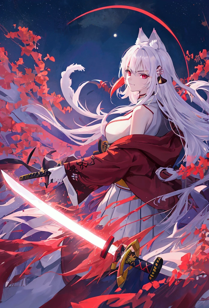 fox Light blue hair 　beast girl　indigo fur　fox beast girl　Sesshomaru, Yellow eyes, Anime, Perfect face, Perfect Lighting, Outdoors, Warm colors, Dark purple sky, Autumn sunset,  \(inuyasha\), Bearing Claw, Ready to fight　wave, koi fish, anime artstyle, wide view, fluffy. yellow  fox, marking under the eyes, crystal antler ,violet eyes, wearing bandanna, flower petals, Ambient light，Ultra-fine fur，volumettic light，natural  lightting，fox tail，nevando，35mm。High quality, high detal, Best quality, hyper HD，individual，Single(Cat's ears:1.3),(Sky Eyes 1.3),(Face Focus:1.3), (angry, Smile:1.3),(Gentle face:1.3),(long white hair:1.3), hair messy, Red Eyes,red eyes,Red Eyes(Eyes are red:1.3), (perfectly detailed eyes:1.3),Dynamic Angle,Black kimono,Black Hakama,Her skin is white,Red lightning,Red thunder, Swirling rainbows and lights on complex background、It enveloped me like a serpent in an interstellar wind,(Dual-wielding combat pose:1.3),(The red glowing samurai sword:1.3),(A sword shining in red lightning:1.3),She has a samurai sword,dual-wielding,Unleash the Blade of Light,Highest Quality, (Red cloak with war maiden decoration:1.3),Raise the railgun, ((sanpaku))((Proud)), (Blue glowing thunder sword:1.3),(Fiery Red Sword:1.3),Blade of Light,Lens Flare, Big rainbow,The moon shines,Star chips, bloom, ((light glow)), chromatic abberation], Digital Painting, Insane details, Intricate details, Beautifully color graded, Unreal Engine, Cinematic , colour grading, Editorial Photography , Photography, Photo Shot, Canon 5D Camera Photography,Shot on 70mm lens, Depth of subject, ultra sharpness, nffsw, octane, Unreal, Dramatic light, Global Illumination,Motion Picture Film,rainbow,lensflare,(Moonlight Art:1.3:1.3),(Sengoku:1.3),(Agfacolor:1.3),(close portrait:1.3),(Feminine:1.4),(Beautiful:1.4),(Attractive:1.3),Move an angle,Themed Background,