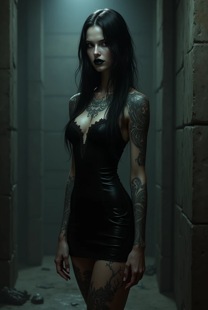 A woman with black long hair, dull look, black eyes, black lipstick, tattoos on her body, and a black mini dress in cellar