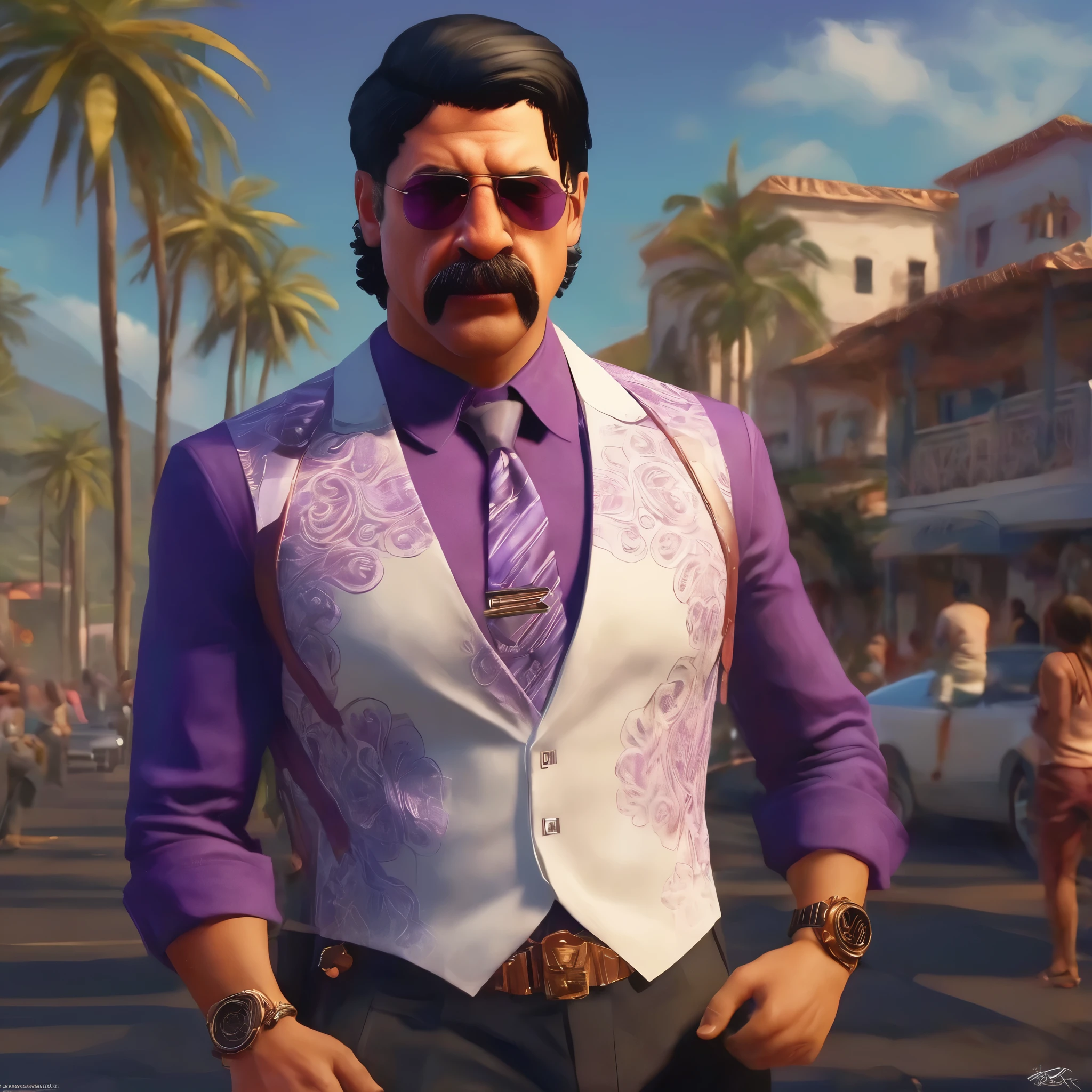 (obra maestra, Mejor calidad:1.2), 1 chico, thenahualli, serious, dangerous man, elegant, elegante, he is a gangster, white suit, purple shirt, walking, outdoor, Hawaii, (((realistic, detailed, photorealistic)))