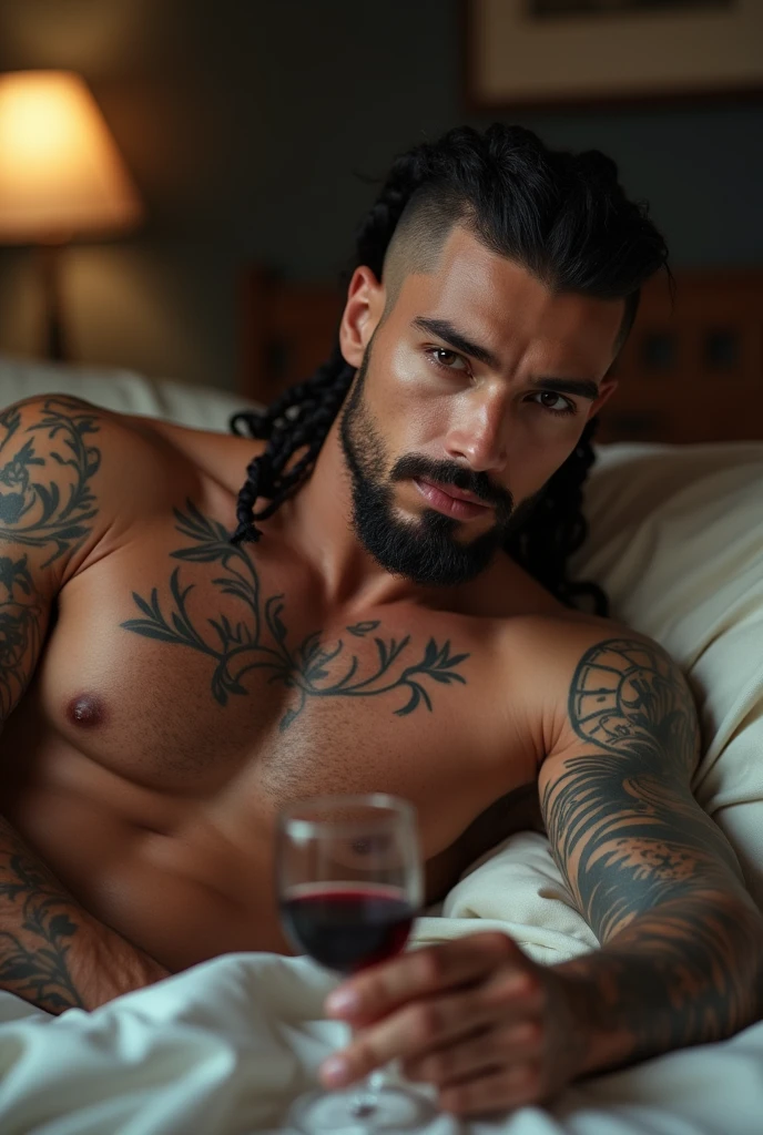 young 2 sexy Rudo gangster with black hair shaved on the sides with braids brown eyes thick lips athletic body masculine energy and sexy defined chin trimmed beard colored tattoo marked biceps wears black colored man Muslim style lying on a bed naked without pants and with a glass of wine in his hand