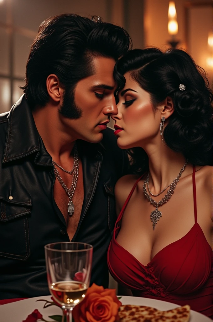 Handsome elvis presley, wild and rebel guy in a romantic date with amy winehouse lovely realistic sharp portrait