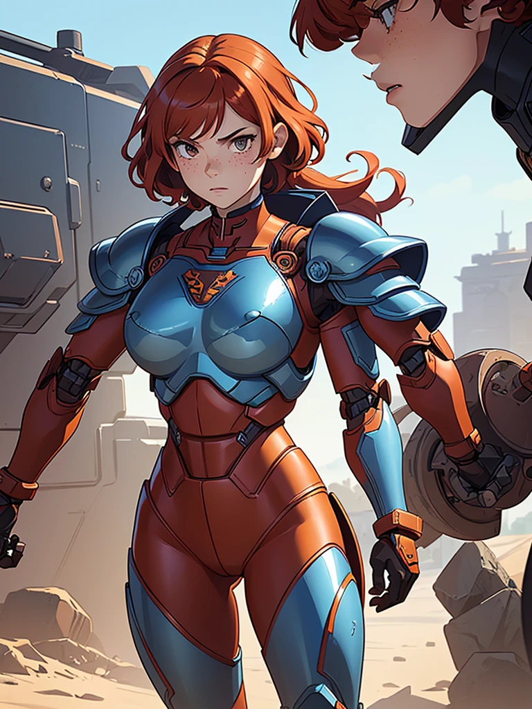 (masterpiece), (best quality), (1girl), (adult), (copper red hair), (curly hair), (short hair),  body figure, (small breasts) , (brown eyes), freckles, (blue armor), (mecha armor), (badass armor), (fighting armor) 