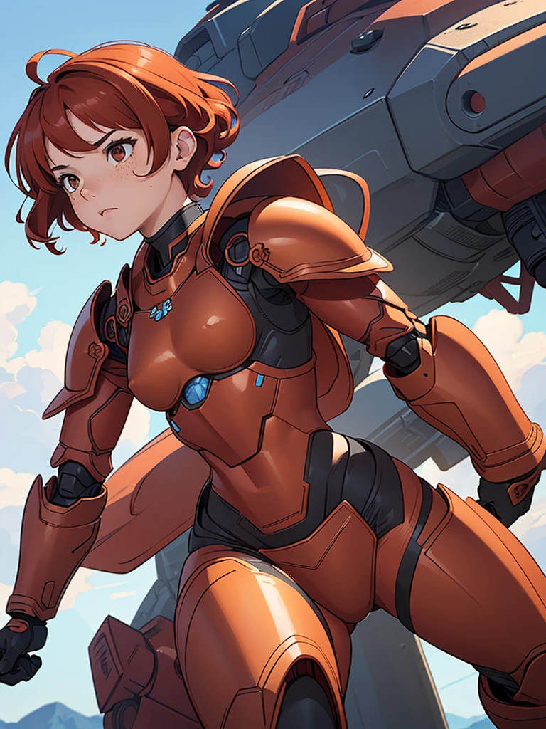 (masterpiece), (best quality), (1girl), (adult), (copper red hair), (curly hair), (short hair), body figure, (small breasts) , (brown eyes), freckles, (blue armor), (mecha armor), (badass armor), (fighting armor)