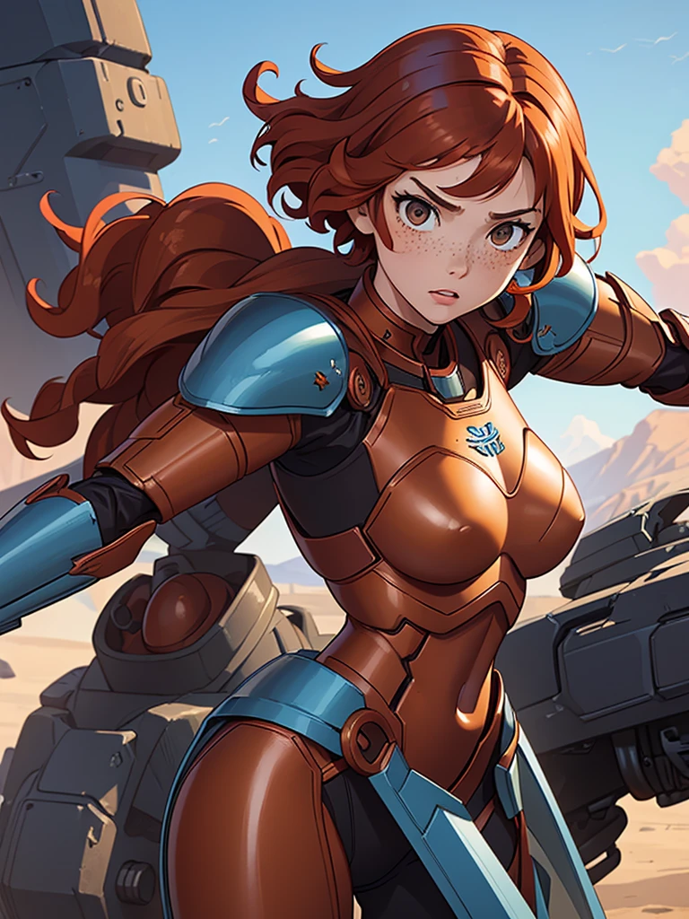 (masterpiece), (best quality), (1girl), (adult), (copper red hair), (curly hair), (short hair), body figure, (small ) , (brown eyes), freckles, (blue armor), (mecha armor), (badass armor), (fighting armor)
