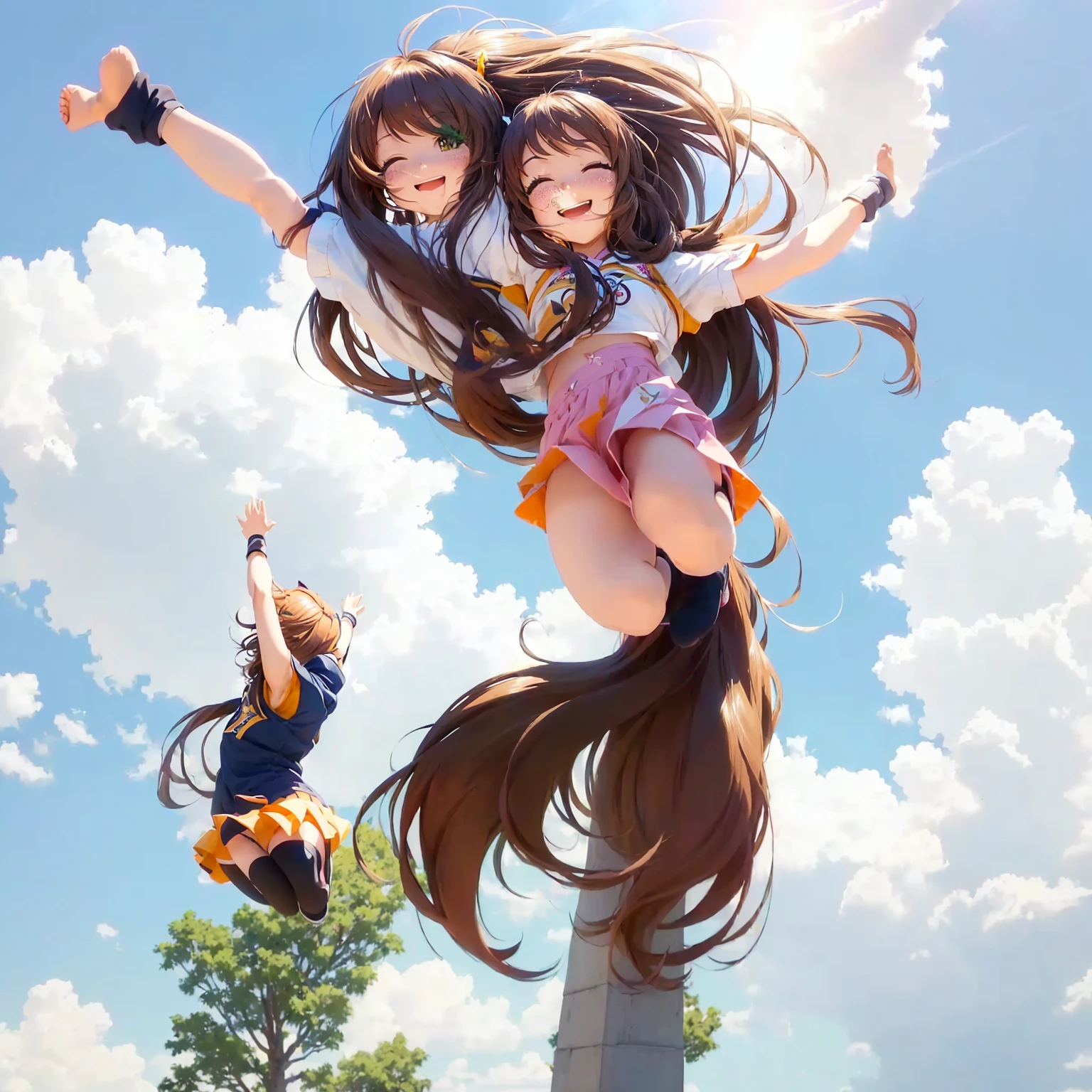 anime girl with long hair jumping in the air with her arms outstretched, pose(arms up + happy), full body:: sunny weather::, (anime girl), chihiro! fujisaki, with arms up, makoto shinka, sakura kinomoto, rei hiroe, anime!, ecchi anime style, sunny day, sky!, sayori, rin