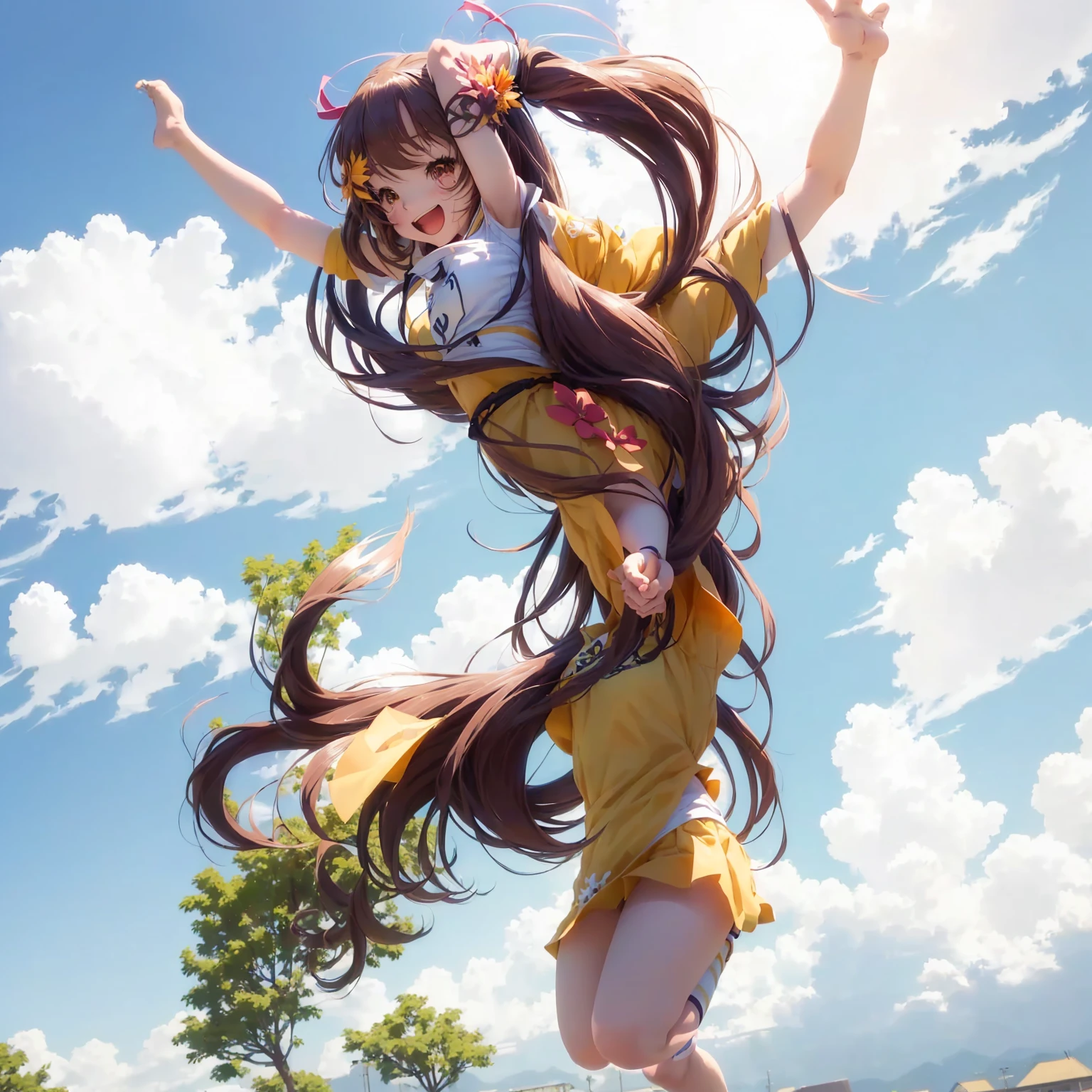 anime girl with long hair jumping in the air with her arms outstretched, pose(arms up + happy), full body:: sunny weather::, (anime girl), chihiro! fujisaki, with arms up, makoto shinka, sakura kinomoto, rei hiroe, anime!, ecchi anime style, sunny day, sky!, sayori, rin