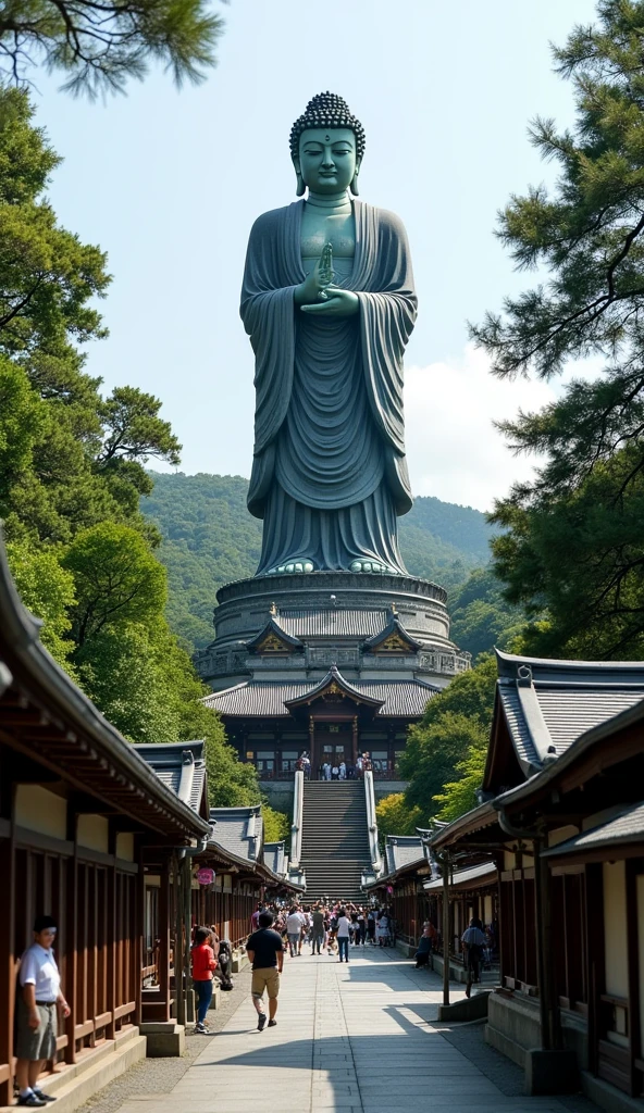 buddhist temple, a huge Buddha Statue is standing and looking down in Ushiku, japan, from behind, from above, 