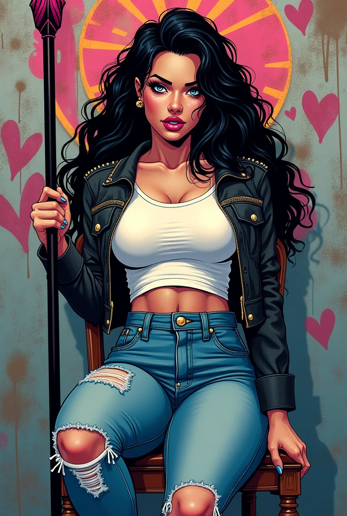 Very aesthetic inkpunk illustration, Alison Tyler lindissima, sparkling blue eyes, plump, pink lips, long and curly black hair (((wielding a magic spear in his right hand))), sitting on a simple chair, fully body, separated-lips, ,(((black leather jacket with rivets and white t-shirt))) , ripped jeans, big , big booty, wall background with graffiti, art by mschiffer