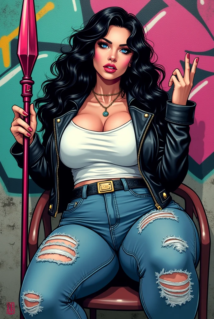 Very aesthetic inkpunk illustration, Alison Tyler lindissima, sparkling blue eyes, plump, pink lips, long and curly black hair (((wielding a magic spear in his right hand))), sitting on a simple chair, fully body, separated-lips, ,(((black leather jacket with rivets and white t-shirt))) , ripped jeans, big , big booty, wall background with graffiti, art by mschiffer