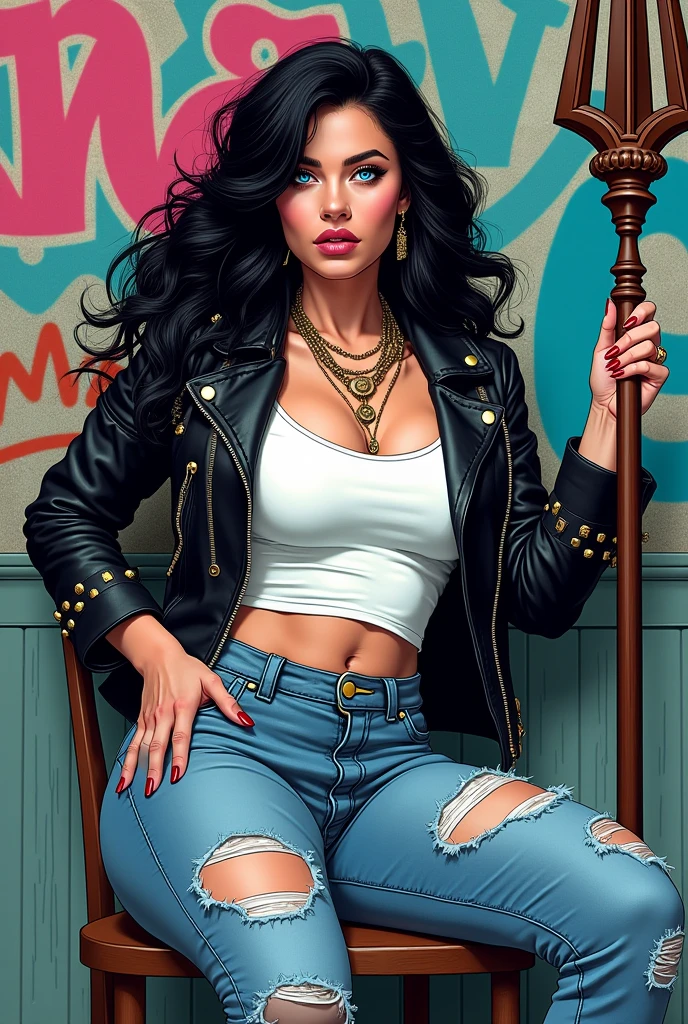 Very aesthetic inkpunk illustration, Alison Tyler lindissima, sparkling blue eyes, plump, pink lips, long and curly black hair (((wielding a magic spear in his right hand))), sitting on a simple chair, fully body, separated-lips, ,(((black leather jacket with rivets and white t-shirt))) , ripped jeans, big , big booty, wall background with graffiti, art by mschiffer