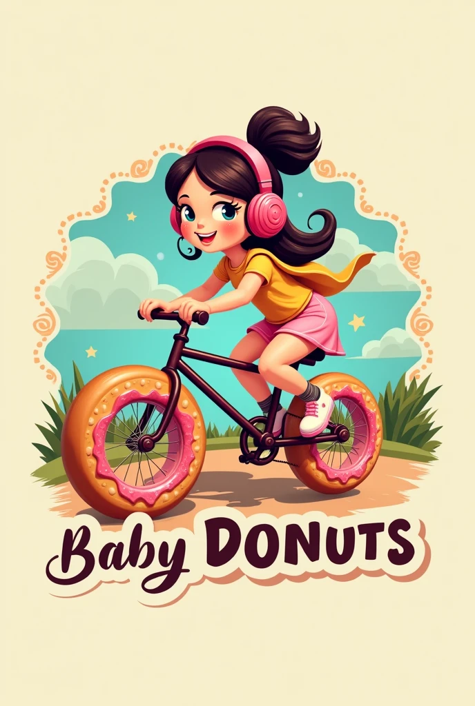 Well, I want a logo for a cake shop that has the word baby donuts as a reference, with a young teenage girl in the background on a bike with donut wheels and donut headphones, to make it more colorful and eye-catching for all types of audiences. vintage