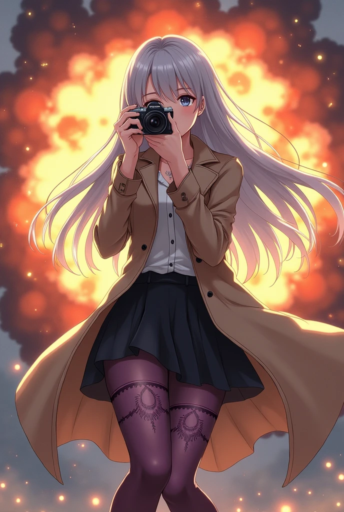 (Anime style) Woman with gray eyes, long silver hair wearing a long beige trench coat and a black skirt and long purple and black stockings that reach her thighs and beige boots, holding a camera in her left hand and an explosion in the background