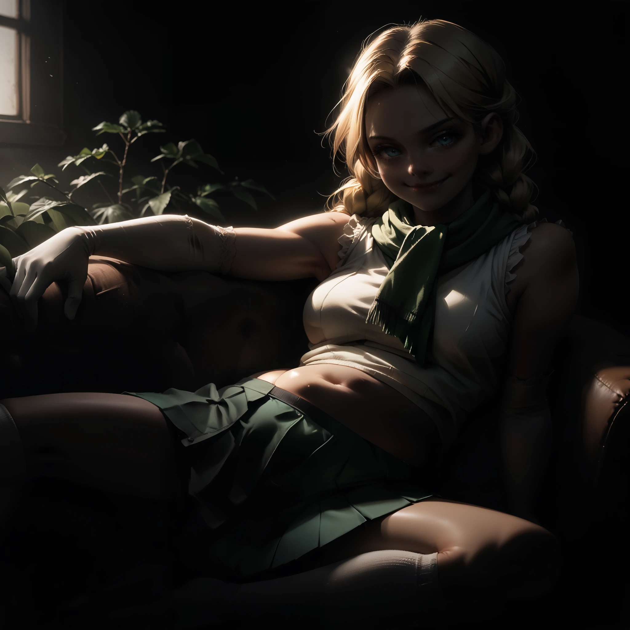 (1girl), 1 girl reclining on couch,  ((smug expression)) (add_detail:1), lush hair, 1girl, blonde braids, (green neck scarf, white vest, green skirt, white elbow gloves, white thigh high socks,) blue eyes, , dramatic lighting, detailed skin texture, volumetric lighting, belly overhang