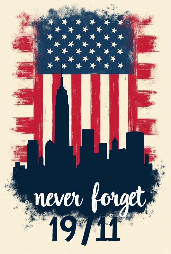 "Please generate a 9/11 Patriots Day commemorative T-shirt design for me。The American flag is in the center of the picture,Above is the outline of the World Trade Center site in New York,Below it was written in solemn handwriting: 'Never Forget 9/11’。The whole design adopts blue, white and red color matching,Create a solemn and nostalgic atmosphere。