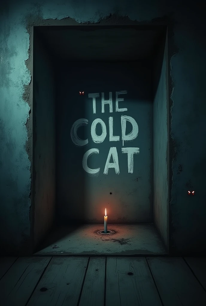 dutch angle, square hole to the basement, "THE COLD CAT" painted in white spray paint, some glowing eyes can be seen in the hole, dimly lit room with one candle, 2.5D, delicate and dynamic effects, foggy filter effects, artistic, hyper, graphic CG digital dark horror art