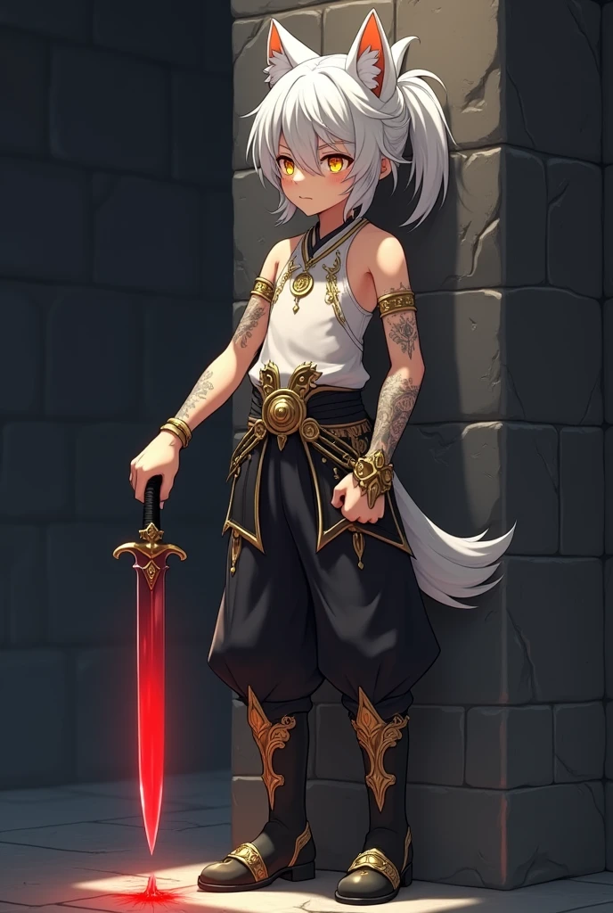 in the style of Genshin Impact: Young boy of  with medium-long white hair in a ponytail with golden highlights, wolf ears and golden eyes, white shirt that does not cover his right arm, circular mark on the chest, shiny gold tattoos on arms, pieces of black fabric with gold patterns simulating a skirt, black pants with half-broken golden armor, black shoes with golden armor.
With his hand pierced by a crimson knife against a wall in a dark castle