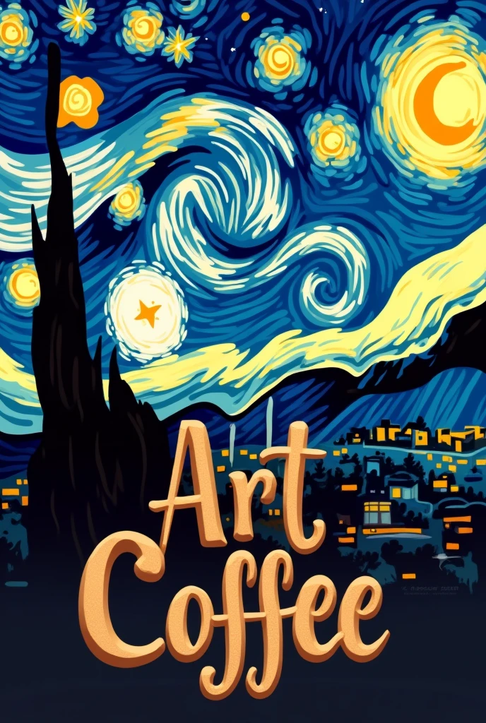 I want a logo for a cafe and the theme I want is about Van Gogh's Starry Night , The name of the cafeteria will be "ART COFFEE" and that the letters have a coffee filling