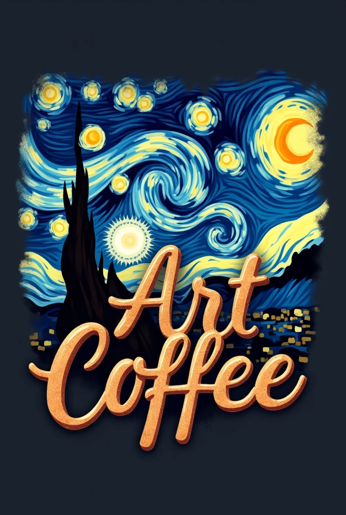 I want a logo for a cafe and the theme I want is about Van Gogh's Starry Night , The name of the cafeteria will be "ART COFFEE" and that the letters have a coffee filling