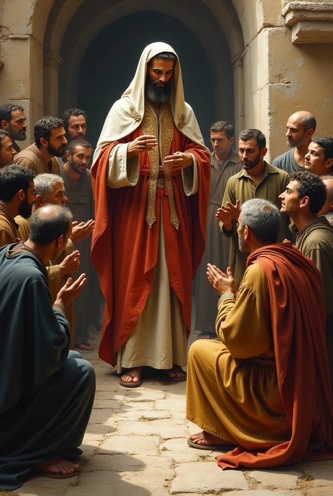 Saint Anthony with the faithful around him, showing acts of devotion