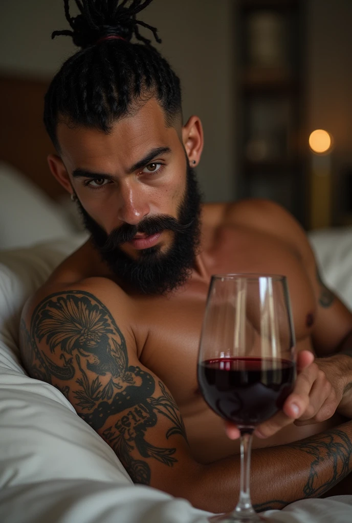 young 2 sexy Rudo gangster with black hair shaved on the sides with braids brown eyes thick lips athletic body masculine energy and sexy defined chin trimmed beard colored tattoo marked biceps wears black colored man Muslim style lying on a bed naked without pants and with a glass of wine in his hand