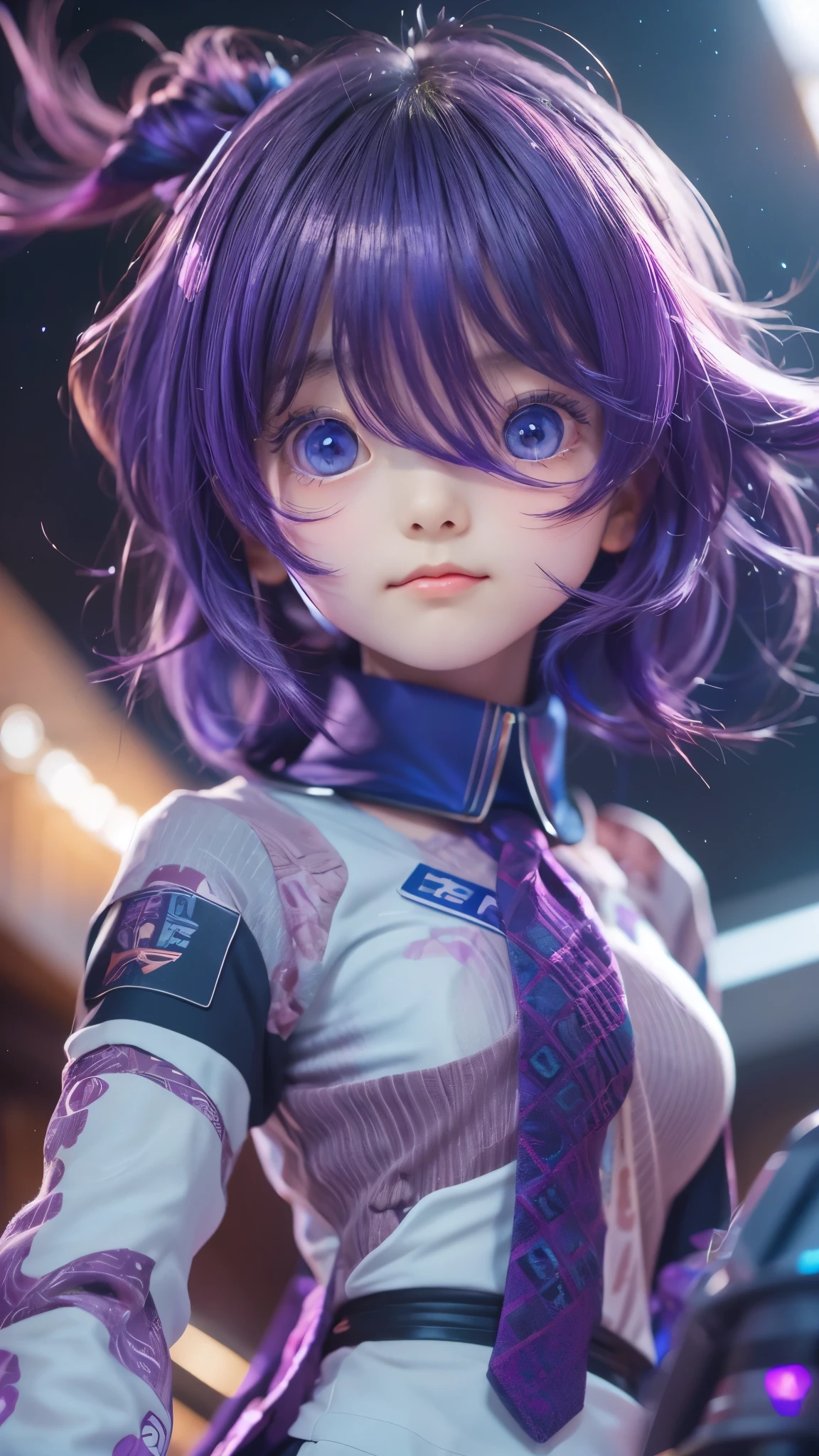 Close-up of a person with purple hair and a purple tie, Stylized anime, Anime Moe Art Style, Katana Zero video game character, anime girl of the future, Portrait of an astronaut, Portrait of a girl in the Knights of the Zodiac, Close up of a young anime, Anime Style, With glowing purple eyes, Anime Styleに, Anime Style3D