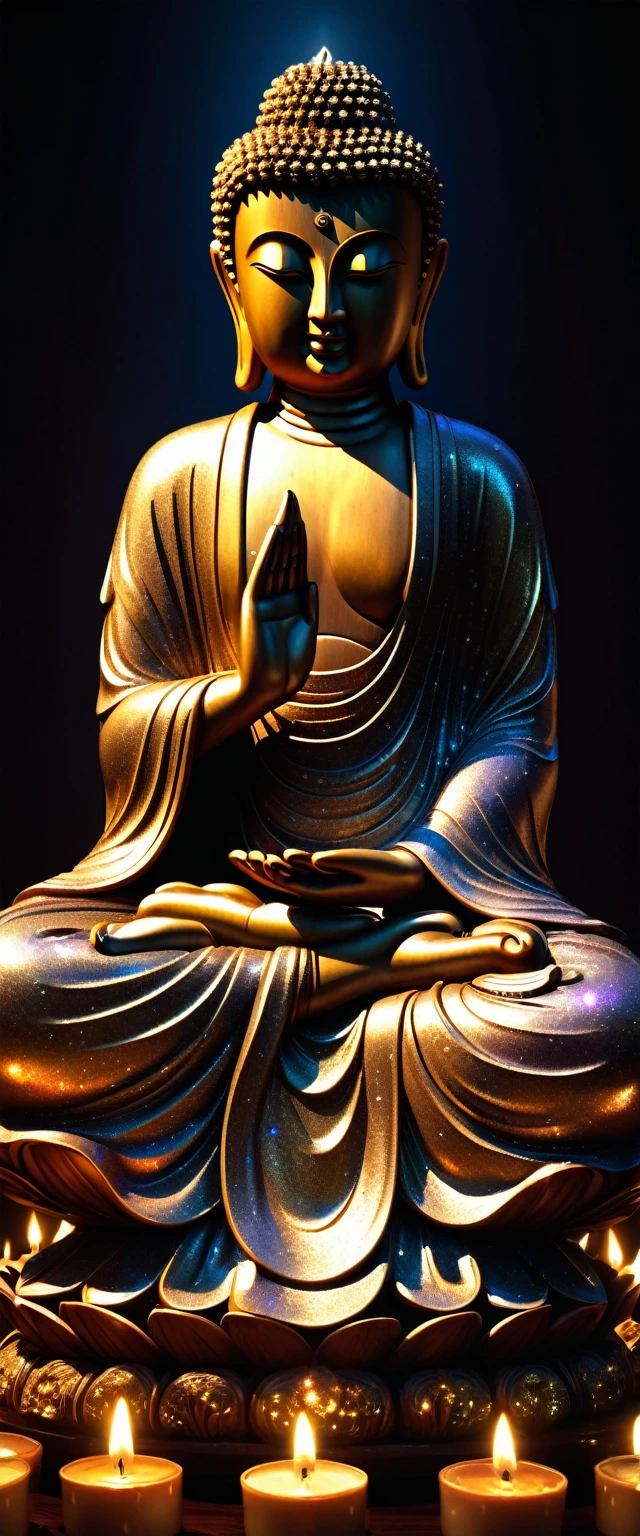 very simple wooden Buddha statue, background dark room lit only by candles, (ultra detailed, absolutely resolution, best quality:1.3), 2.5D, delicate and dynamic effects, iridescent glitter effects, artistic photography, hyper realistic, graphic CG digital art, conceptual installation art