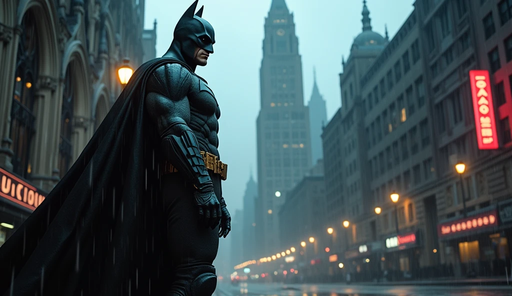 a batman cowboy in new york city, rain, gothic architecture, dark moody colors, city lights, night city,hyper realistic, cinematic lighting, photorealistic, masterpiece, (best quality,4k,8k,highres,masterpiece:1.2),ultra-detailed,(realistic,photorealistic,photo-realistic:1.37),HDR,UHD,studio lighting,ultra-fine painting,sharp focus,physically-based rendering,extreme detail description,professional,vivid colors,bokeh,cinematic,dark,moody,dramatic