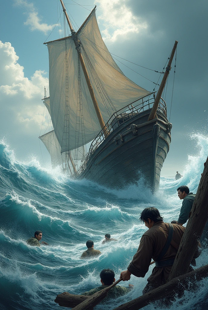 Edo Period　Korean trading ship　It&#39;s about to break and sink　Rough seas　Capsized　Koreans thrown out　swim　Tired　Clinging to broken wood