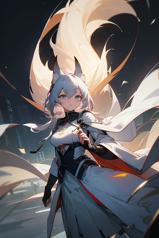 {{work of art, best qualityer, extremely detailed CG, unity wallpaper 8k, cinematic lighting}}, traditional American ink painting, 1 girl, Youngh, whole body, modern architecture, black sky, Night Dawn, city scenario, prominent protagonist, brava, eyes large, beautiful detailed eyes, white suit, white skirt, looking at the public, kitsune ears, white square cap,