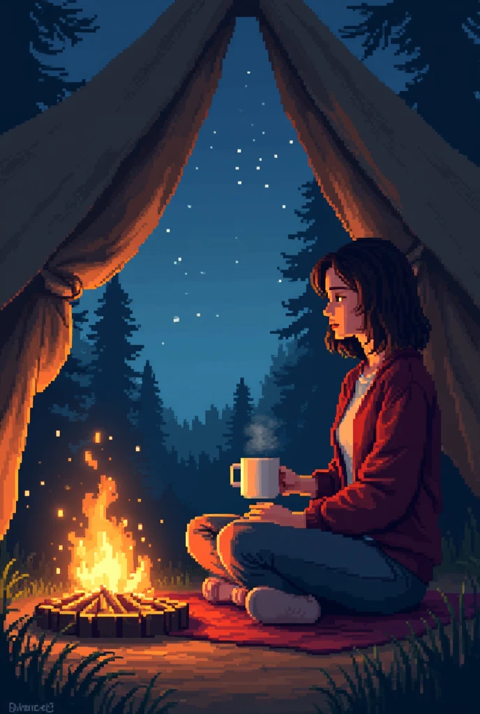A 30-year-old woman drinking coffee by a campfire in a tent at a campsite、Expressed with strong pixel art、Romancing Saga-style art、