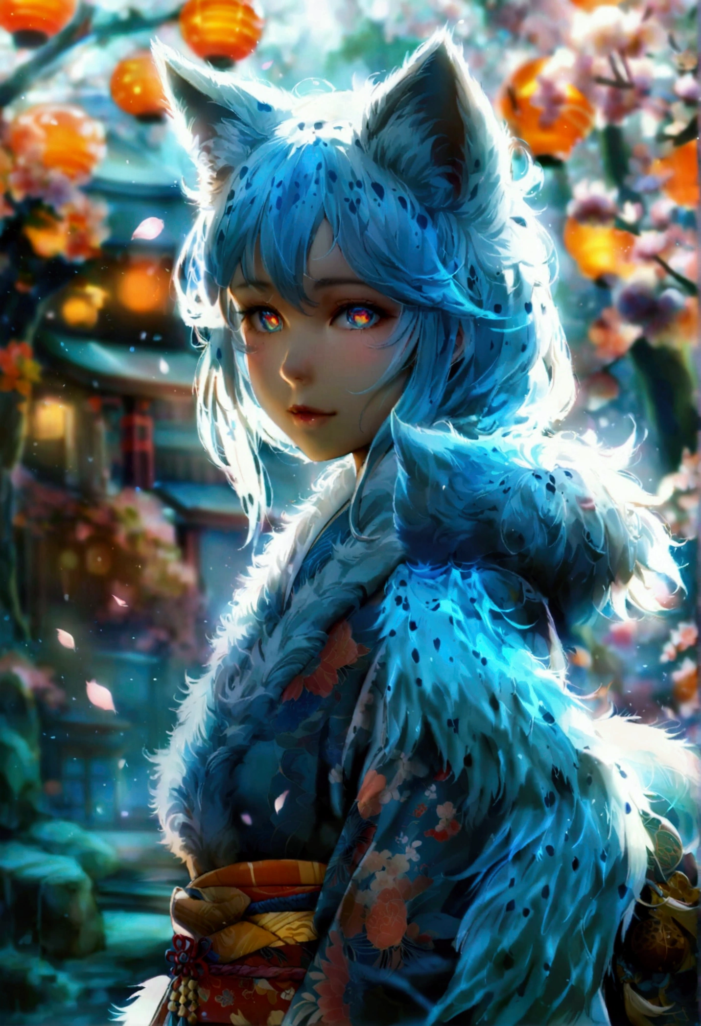 fox Light blue hair 　beast girl　indigo fur　fox beast girl　fox Light blue hair 　beast girl　indigo fur　fox beast girl　Wallpaper 4k,8k,highly detailled,,vivid colors,detailed kitsune with 9 tails,traditional Japanese artwork,tatami floor,beautiful cherry blossoms,floating lanterns,dark silhouette of a pagoda,subtle moonlight,dense forest,ethereal atmosphere,dappled sunlight,whimsical spirit,serene expression,elaborate kimono and obi,delicate hand-painted details,luminous eyes　Anime Style　fox　blue　White-faced golden-haired nine-tailed fox　Coat blue　　　mysterious background　Blue Flame　girl　have a ball of light Anime Style　fox　blue　White-faced golden-haired nine-tailed fox　Coat blue　　　mysterious background　Blue Flame　girl　have a ball of light