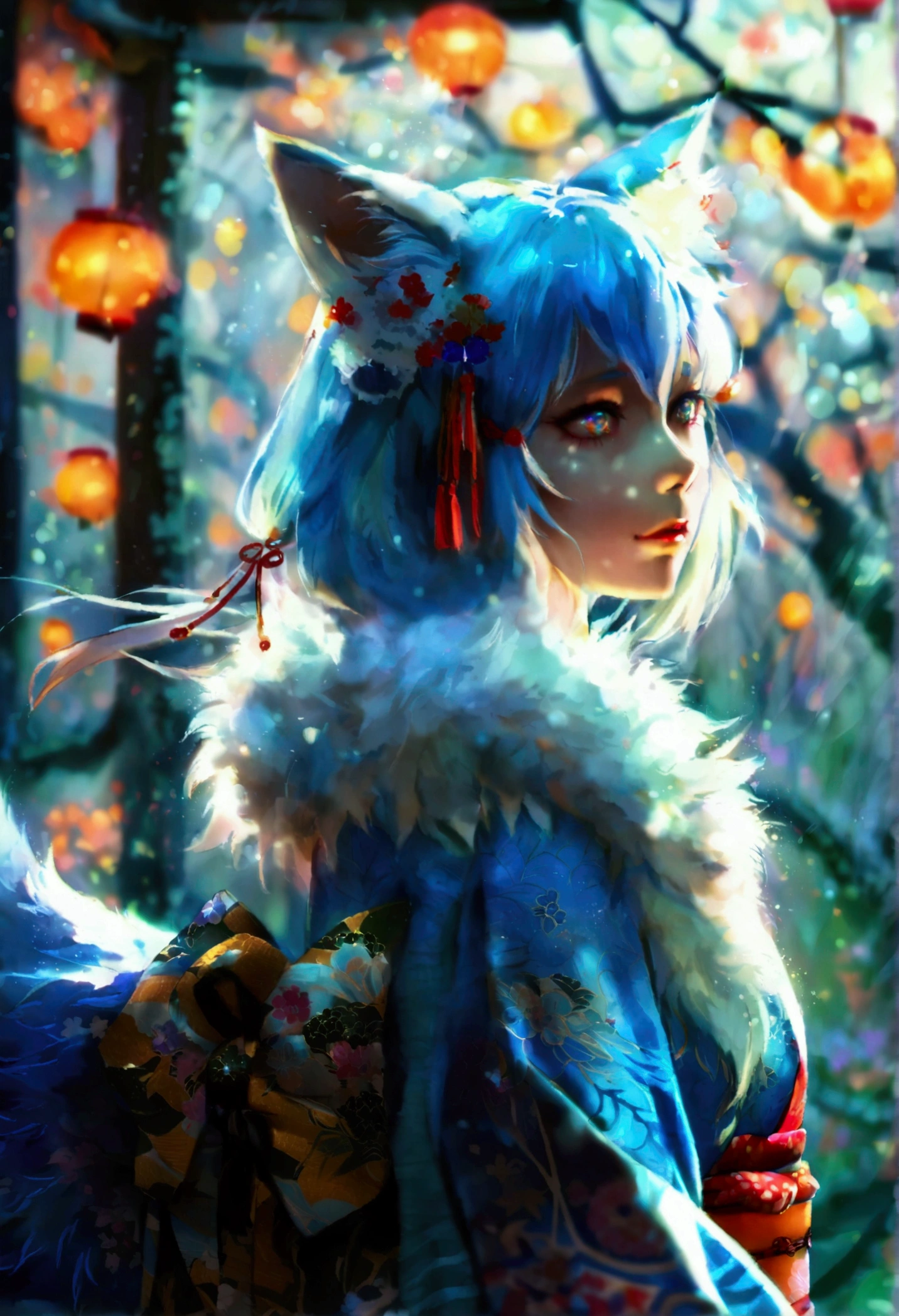 fox Light blue hair beast girl indigo fur fox beast girl fox Light blue hair beast girl indigo fur fox beast girl Wallpaper 4k,8k,highly detailled,,vivid colors,detailed kitsune with 9 tails,traditional Japanese artwork,tatami floor,beautiful cherry blossoms,floating lanterns,dark silhouette of a pagoda,subtle moonlight,dense forest,ethereal atmosphere,dappled sunlight,whimsical spirit,serene expression,elaborate kimono and obi,delicate hand-painted details,luminous eyes Anime Style fox blue White-faced golden-haired nine-tailed fox Coat blue mysterious background Blue Flame girl have a ball of light Anime Style fox blue White-faced golden-haired nine-tailed fox Coat blue mysterious background Blue Flame girl have a ball of light