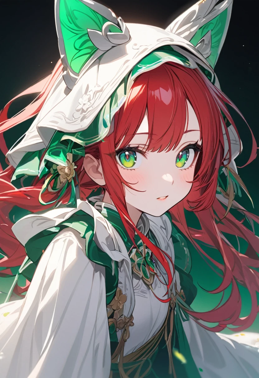Young girl Red hair Emerald green eyes White complexion